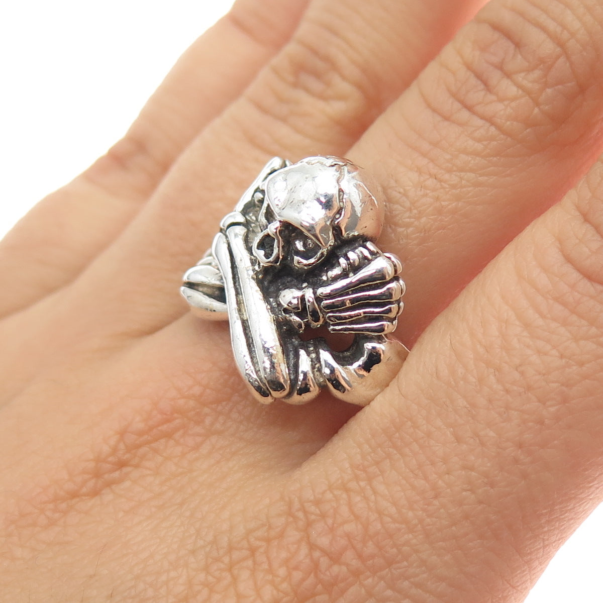 925 Sterling Silver Vintage Skeleton Adjustable Biker Ring Size 9.5