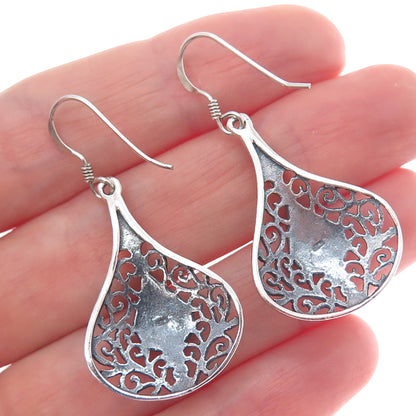 925 Sterling Silver Vintage Real MOP Ornate Oxidized Dangle Earrings