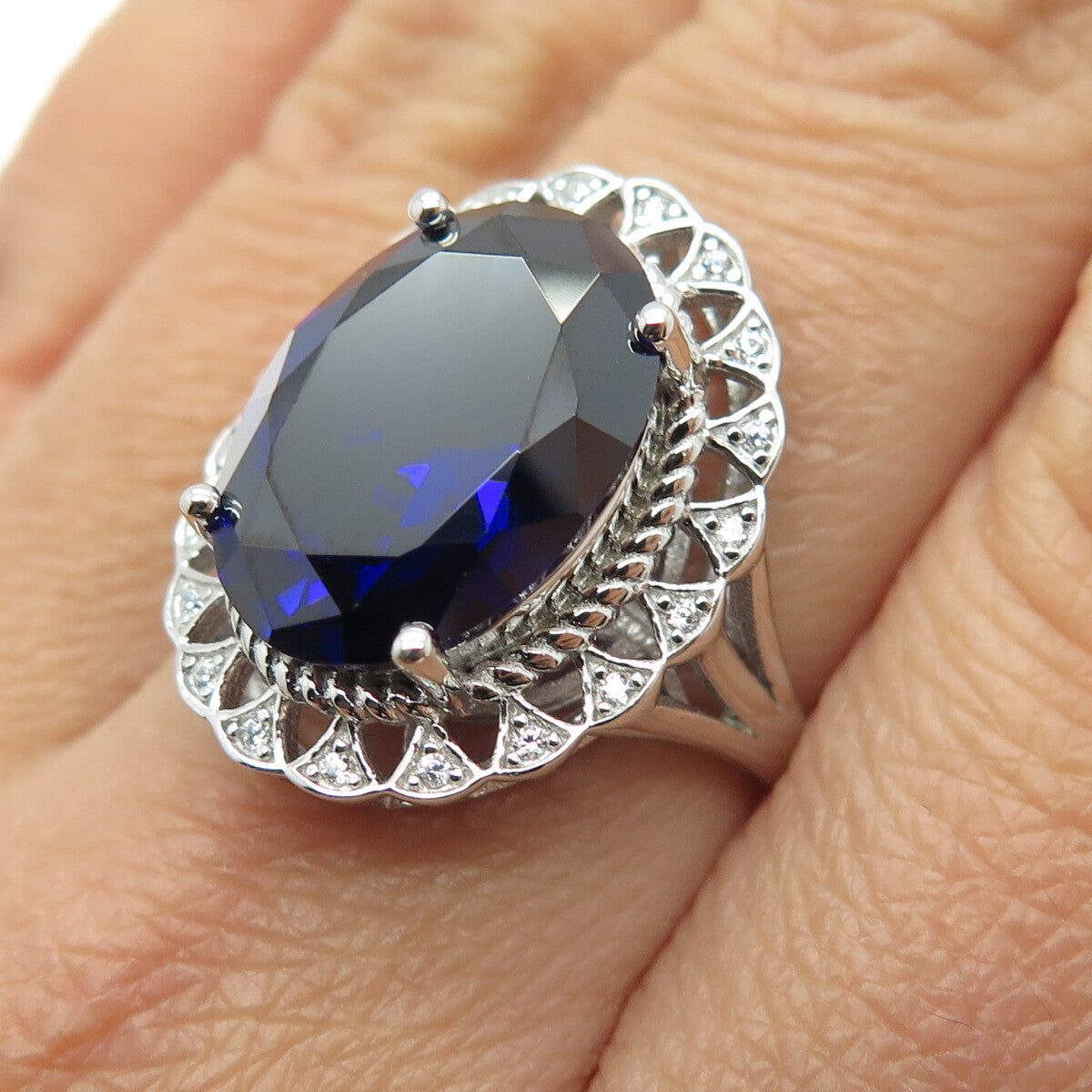 DSMK 925 Sterling Silver Oval-Cut Nano Sapphire & C Z Ring Size 7.25