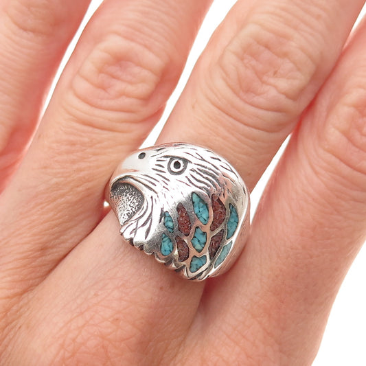 Silver Fox Old Pawn Sterling Vintage Turquoise & Coral Inlay Eagle Ring Size 10