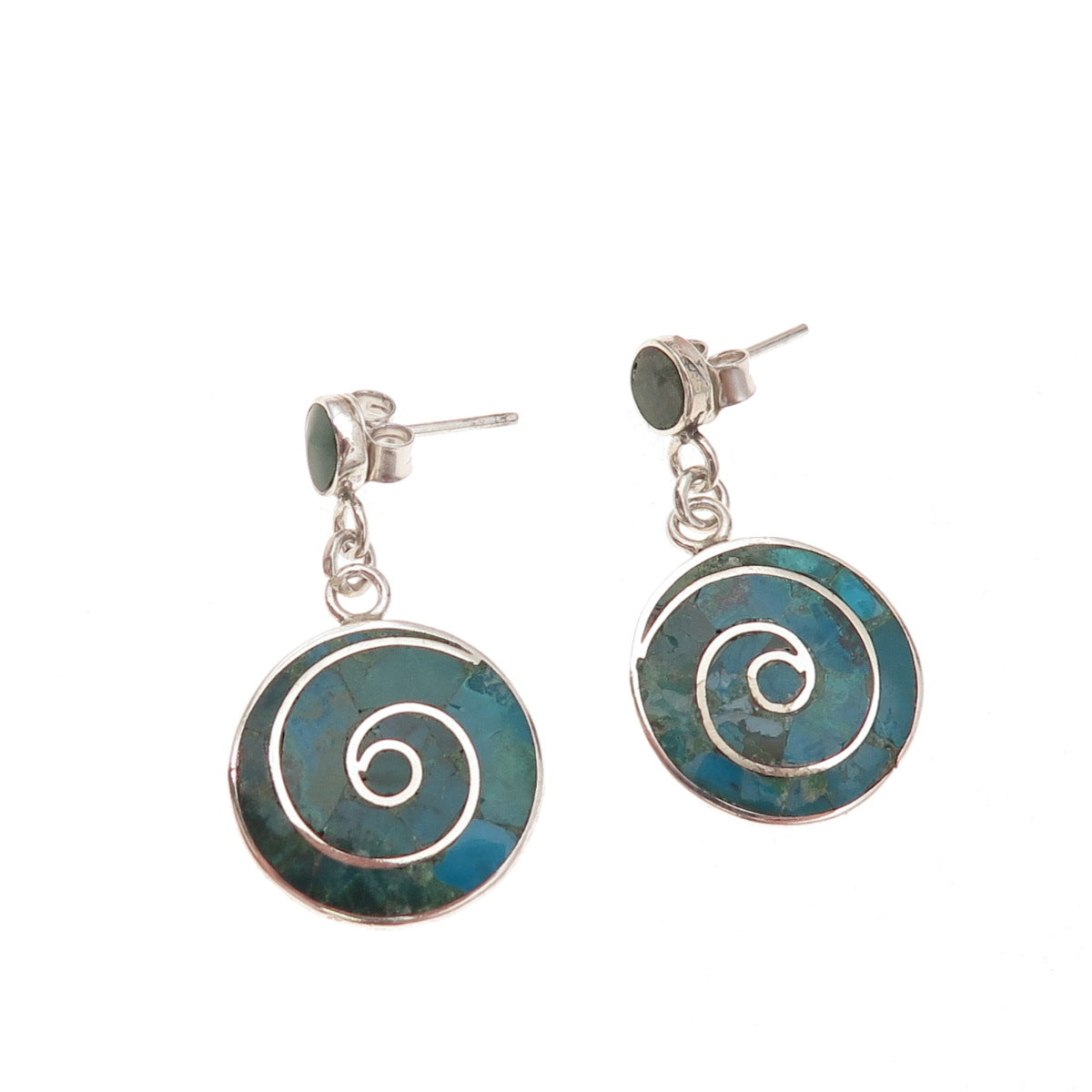 950 Silver Vintage Real Turquoise Spiral Dangle Earrings
