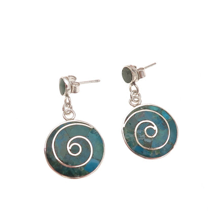 950 Silver Vintage Real Turquoise Spiral Dangle Earrings