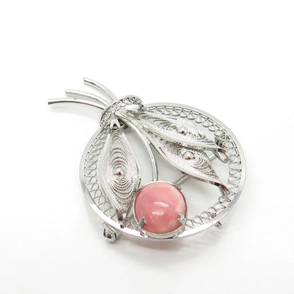 925 Sterling Silver Vintage Real Rhodochrosite Gem Leaf Filigree Pin Brooch