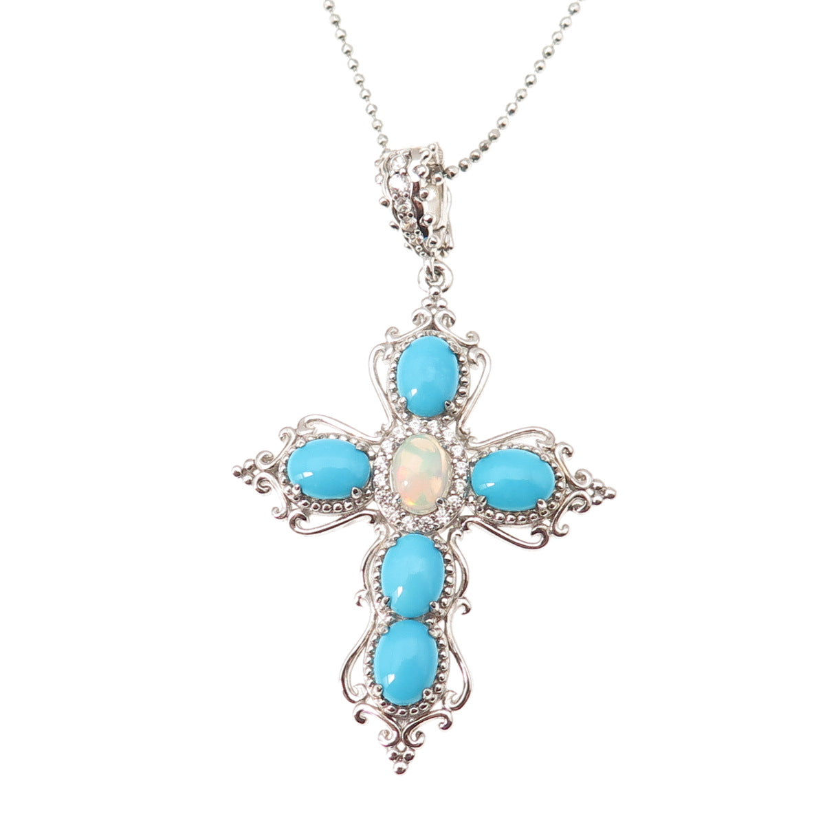 925 Sterling Silver Real Turquoise Opal Topaz Cross Beaded Chain Necklace 20-22"