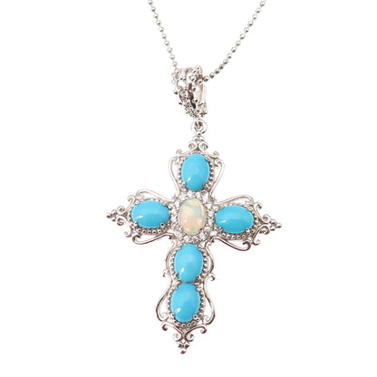 925 Sterling Silver Real Turquoise Opal Topaz Cross Beaded Chain Necklace 20-22"