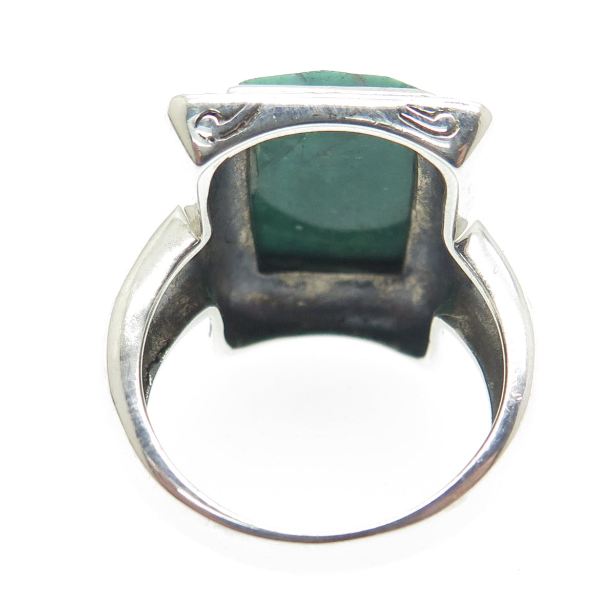 925 Sterling Silver Real Checkered Emerald Gemstone Ornate Frame Ring Size 8