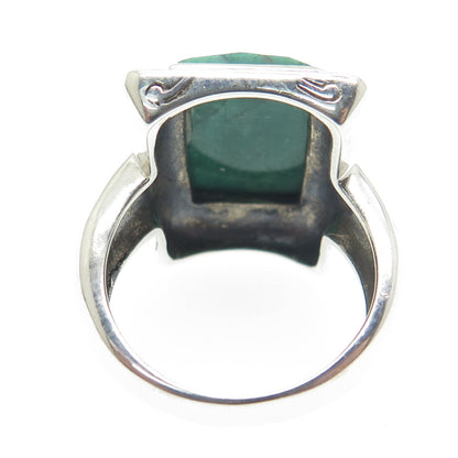 925 Sterling Silver Real Checkered Emerald Gemstone Ornate Frame Ring Size 8