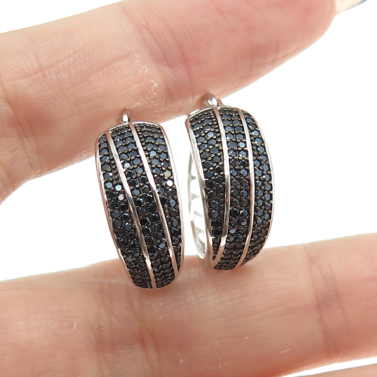 925 Sterling Silver Black C Z Hinged Hoop Earrings