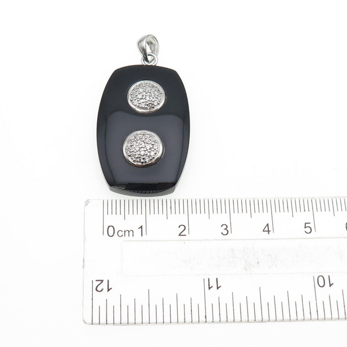 925 Sterling Silver Real Black Onyx & C Z Modernist Charm Pendant