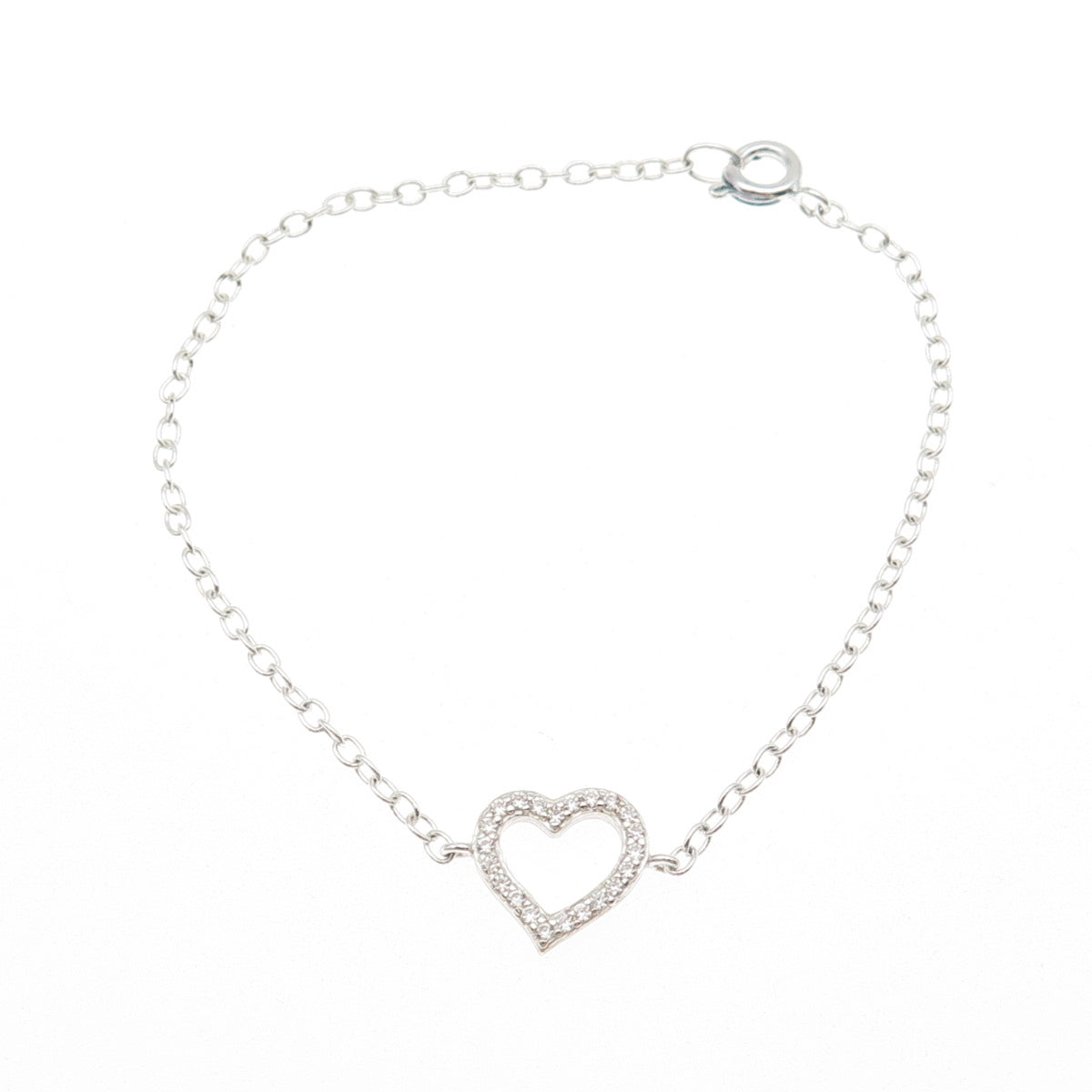 925 Sterling Silver Round-Cut C Z Heart Cable Link Bracelet 6.75"