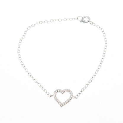 925 Sterling Silver Round-Cut C Z Heart Cable Link Bracelet 6.75"