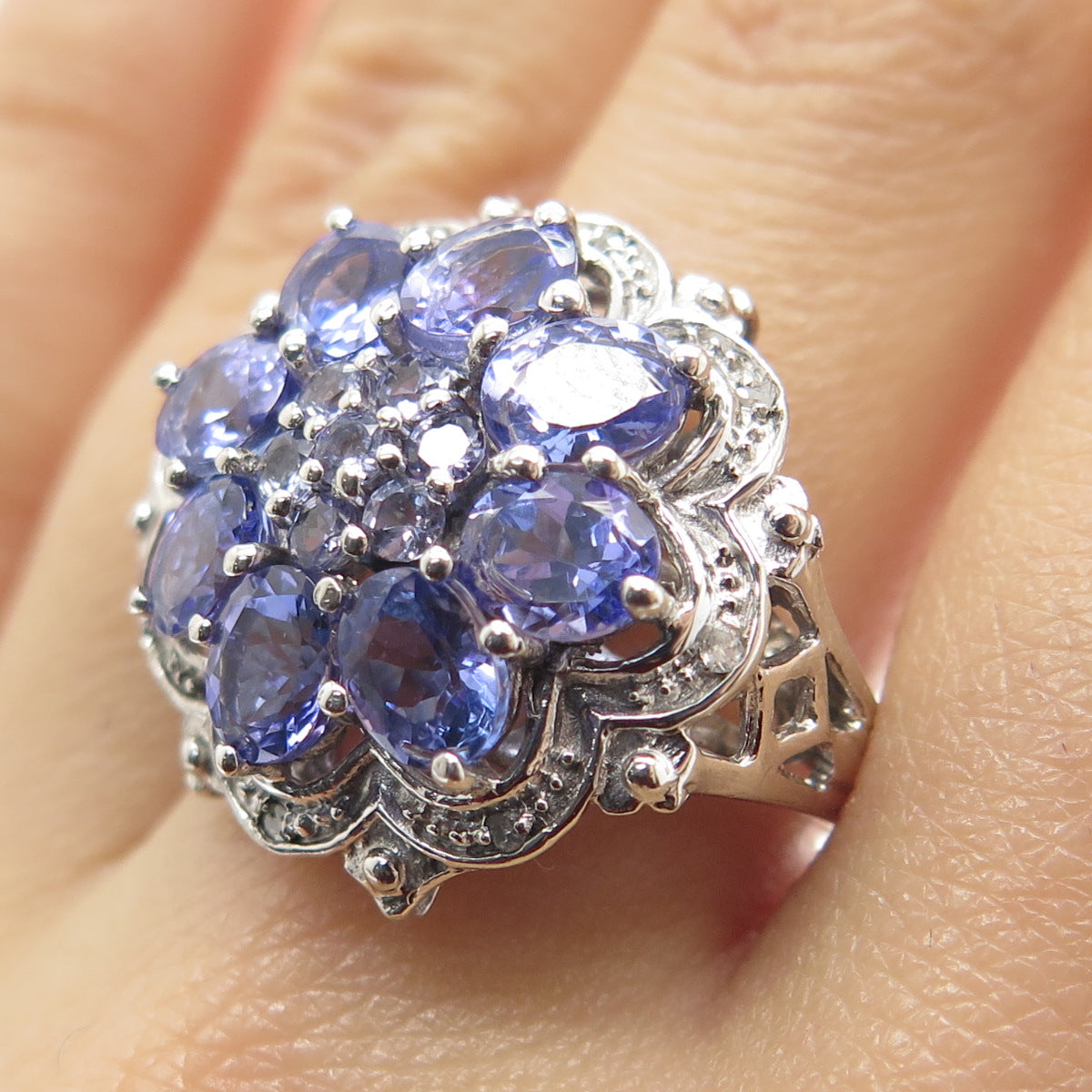 925 Sterling Silver Real White Diamond & Tanzanite Gemstone Ring Size 7