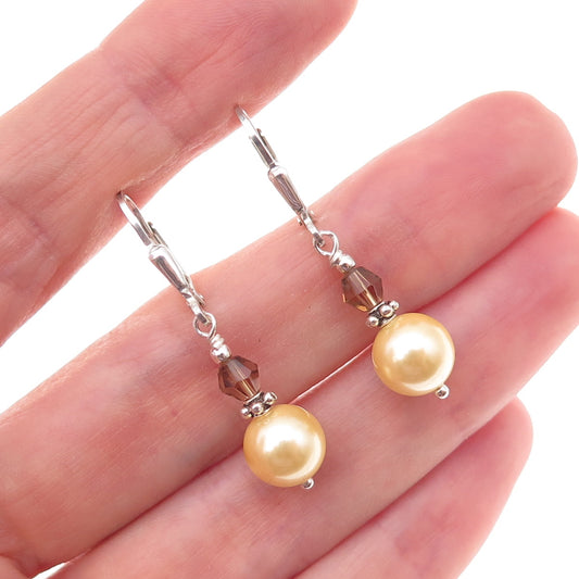 925 Sterling Silver Vintage Faux Pearl & Real Smoky Quartz Dangle Earrings