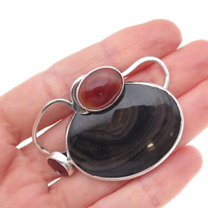 925 Sterling Silver Vintage Real Multi-Agate & Carnelian Modernist Slide Pendant