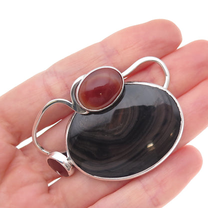 925 Sterling Silver Vintage Real Multi-Agate & Carnelian Modernist Slide Pendant