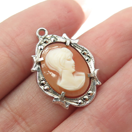 800 Silver Antique Real Marcasite Gemstone Cameo Victorian Lady Pendant