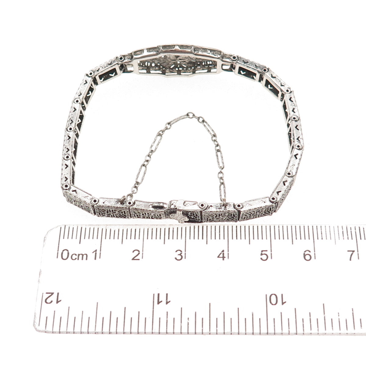 925 Sterling Antique Art Deco Real Diamond & Rhinestone Filigree Bracelet 6.5"
