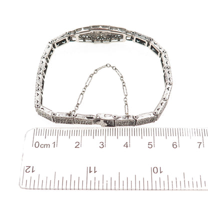 925 Sterling Antique Art Deco Real Diamond & Rhinestone Filigree Bracelet 6.5"