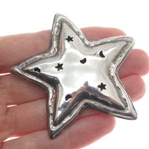 925 Sterling Silver Vintage Mexico Star & Crescent Shadow Box Oxidized Brooch
