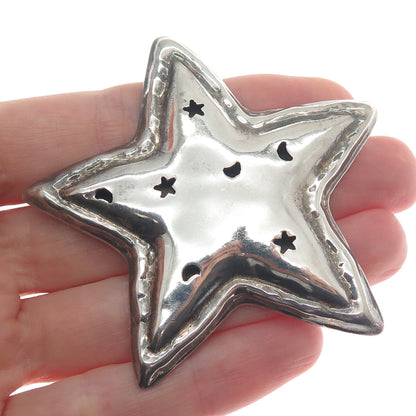 925 Sterling Silver Vintage Mexico Star & Crescent Shadow Box Oxidized Brooch