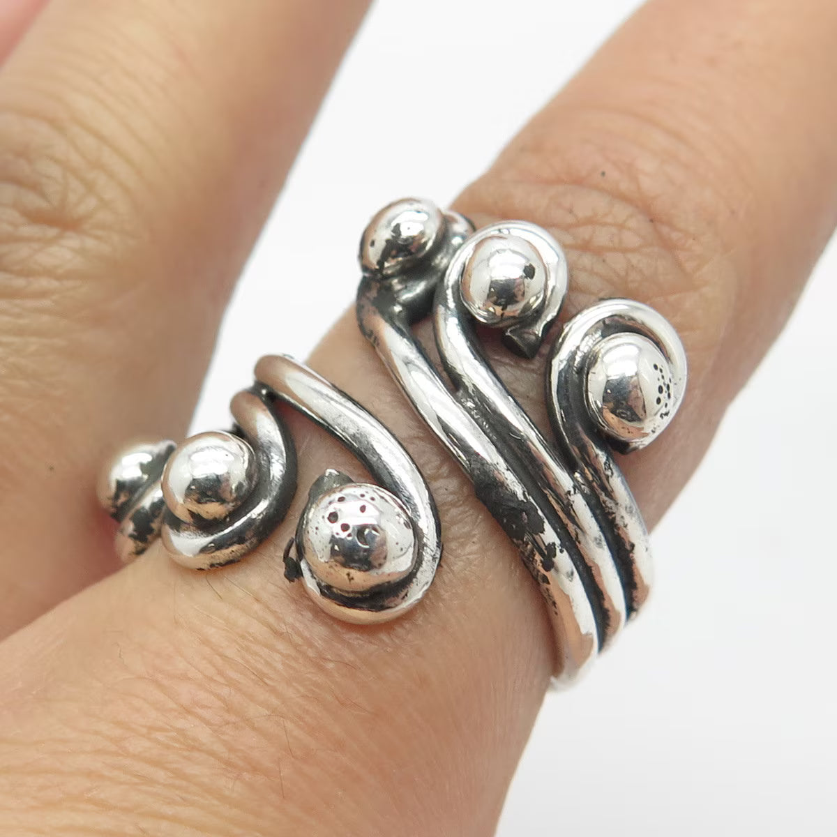 925 Sterling Silver Vintage Modernist Oxidized Adjustable Ring Size 7.5