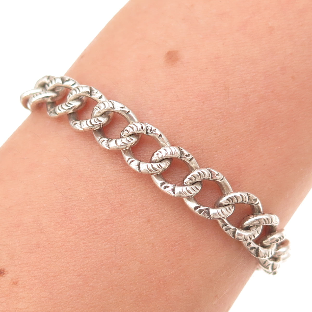 925 Sterling Silver Antique Art Deco Heart Padlock Curb Link Bracelet 7.75"