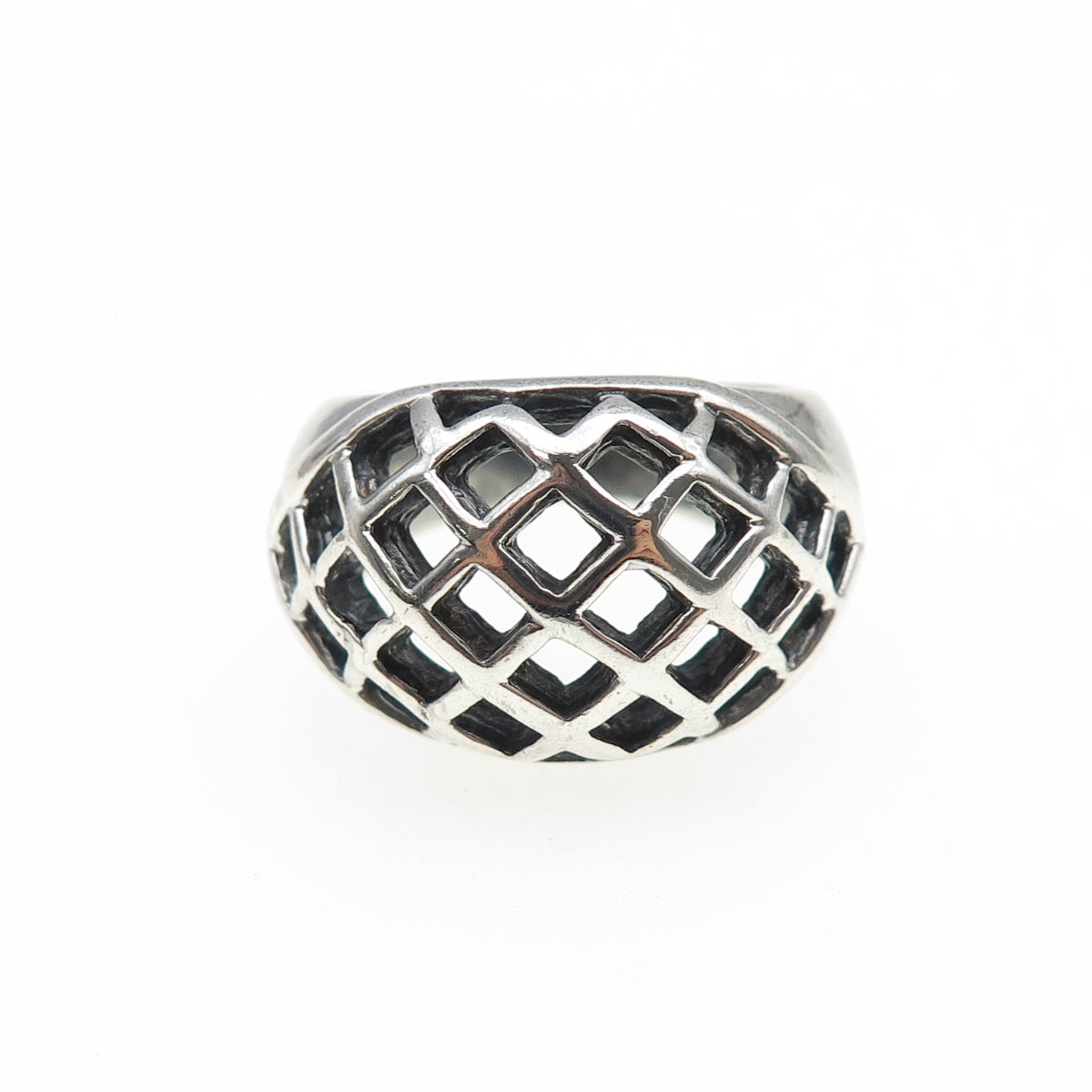 925 Sterling Silver Vintage Modernist Cage Dome Oxidized Ring Size 6.75
