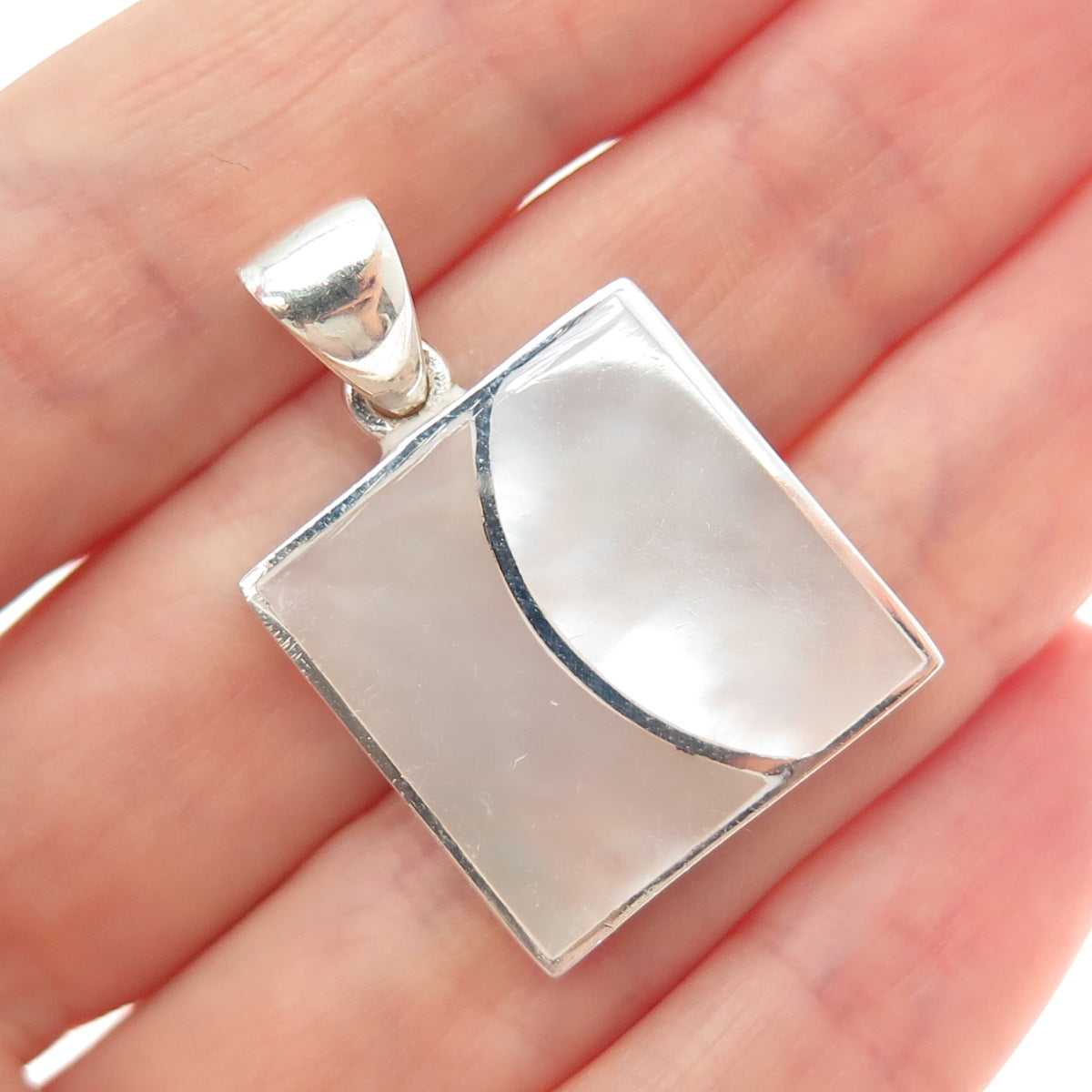 925 Sterling Silver Vintage Real MOP Modernist Square Charm Pendant