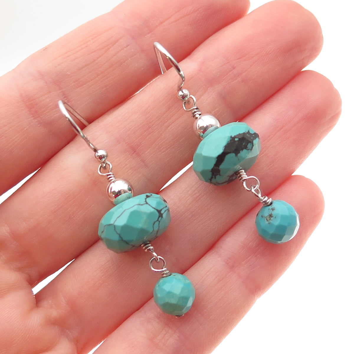 SX Sally C 925 Sterling Silver Vintage Real Turquoise Beaded Dangle Earrings