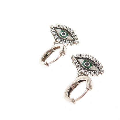925 Sterling Silver Enamel & C Z Evil Eye Dangle Charm Hoop Earrings