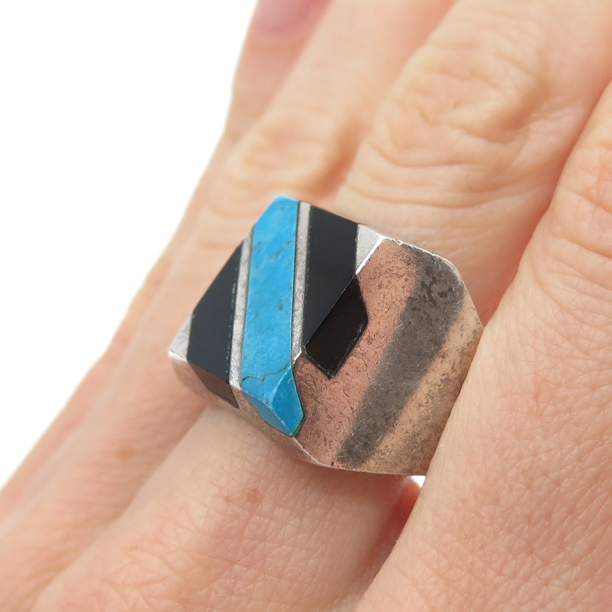 925 Sterling Silver Vintage Mexico Real Turquoise & Black Onyx Ring Size 10.25