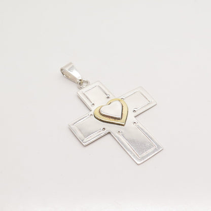 925 Sterling Silver 2-Tone Vintage Mexico Cross Heart Pendant
