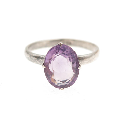 925 Sterling Silver Vintage Real Oval-Cut Amethyst Oxidized Ring Size 8.5