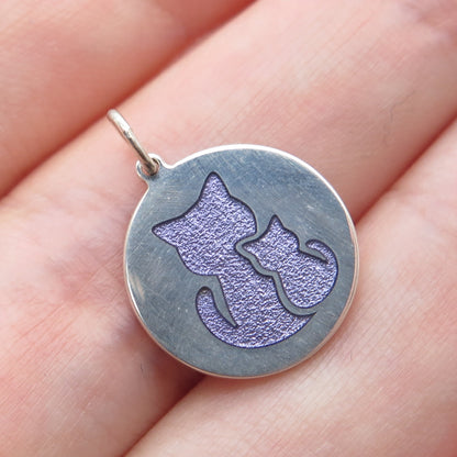 925 Sterling Silver Purple Enamel Mom & Child Cat Minimalist Charm Pendant