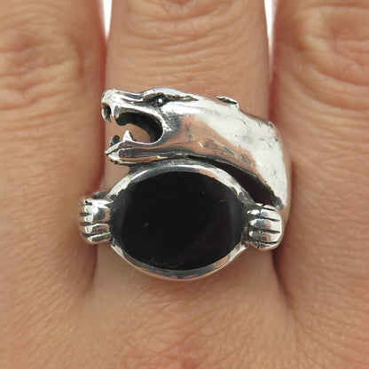 925 Sterling Silver Vintage Black Enamel Panther Ring Size 10.75