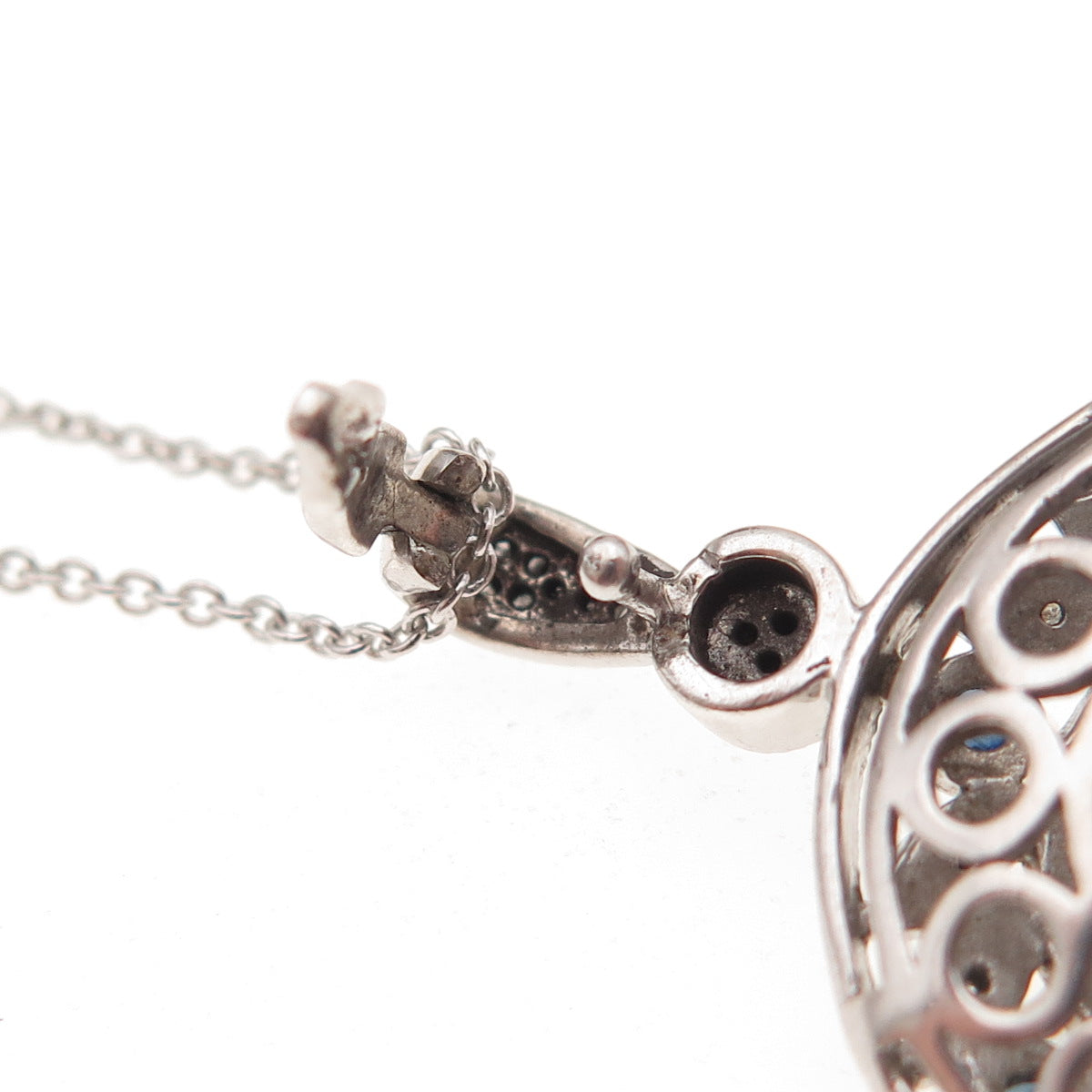 925 Sterling Silver Real Diamond & Sapphire Floral Disc Cable Chain Necklace 18"
