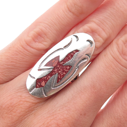 Old Pawn 925 Sterling Silver Vintage Coral Inlay Peyote Bird Ring Size 5.25