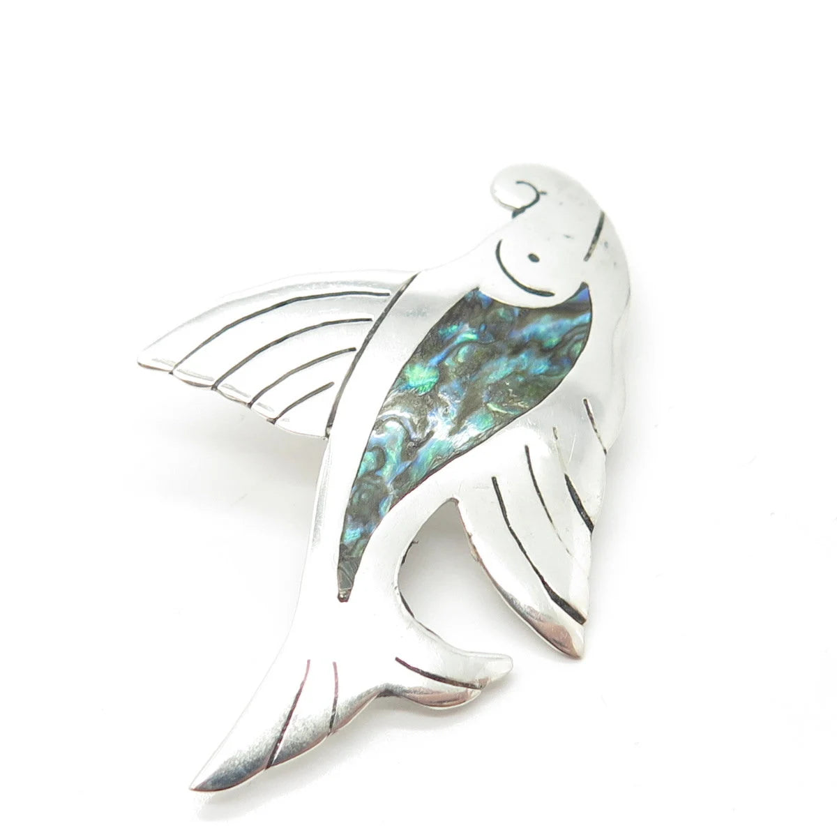 925 Sterling Silver Vintage Mexico Real Abalone Shell Fish Pin Brooch