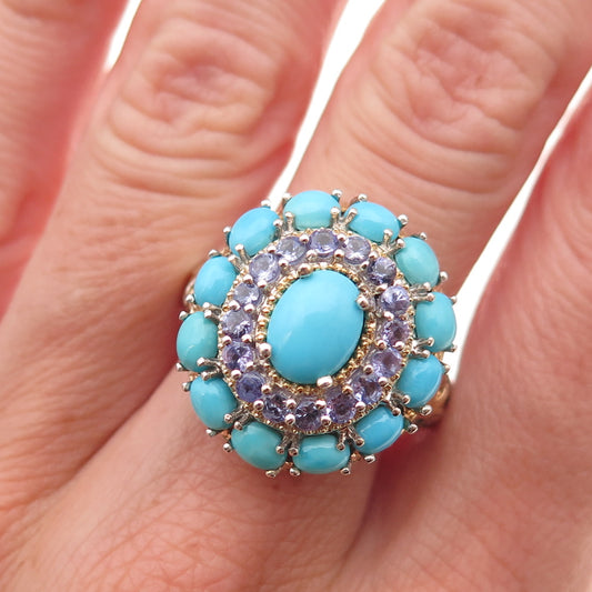Chuck Clemency Sterling Silver 2-Tone Real Turquoise & Tanzanite Ring Size 8.25