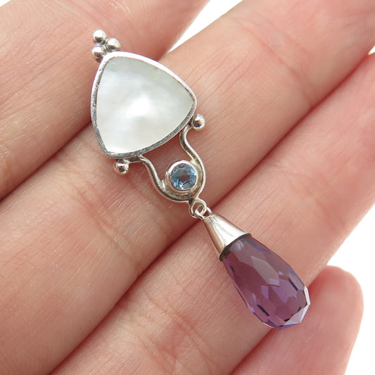 NK SILVER 925 Sterling Silver Vintage Real Blue Topaz Amethyst & MOP Pendant