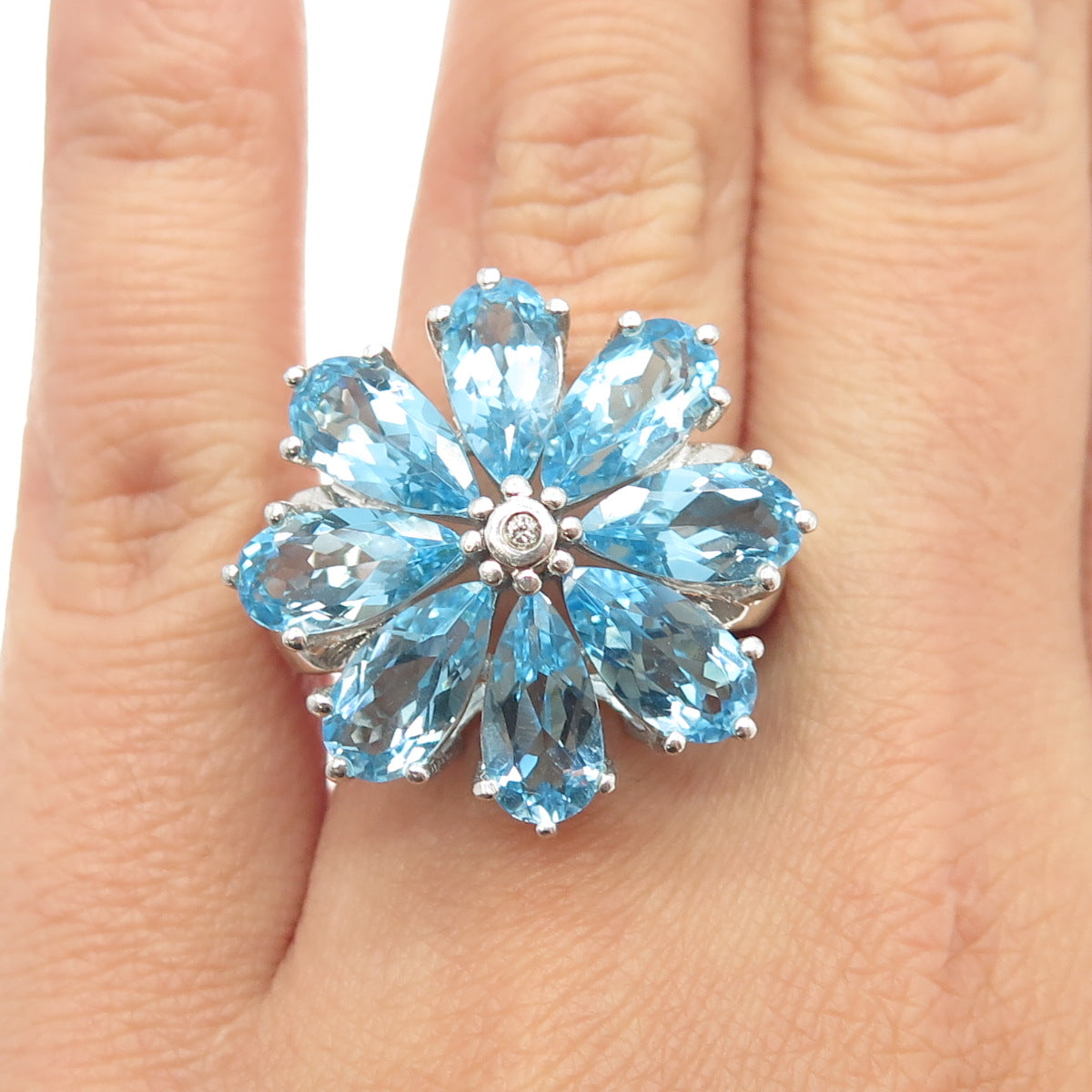 925 Sterling Silver Real White Diamond & Swiss Blue Topaz Gem Ring Size 7.25