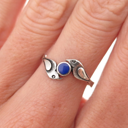 925 Sterling Silver Vintage Real Lapis Two Birds Oxidized Ring Size 7.25