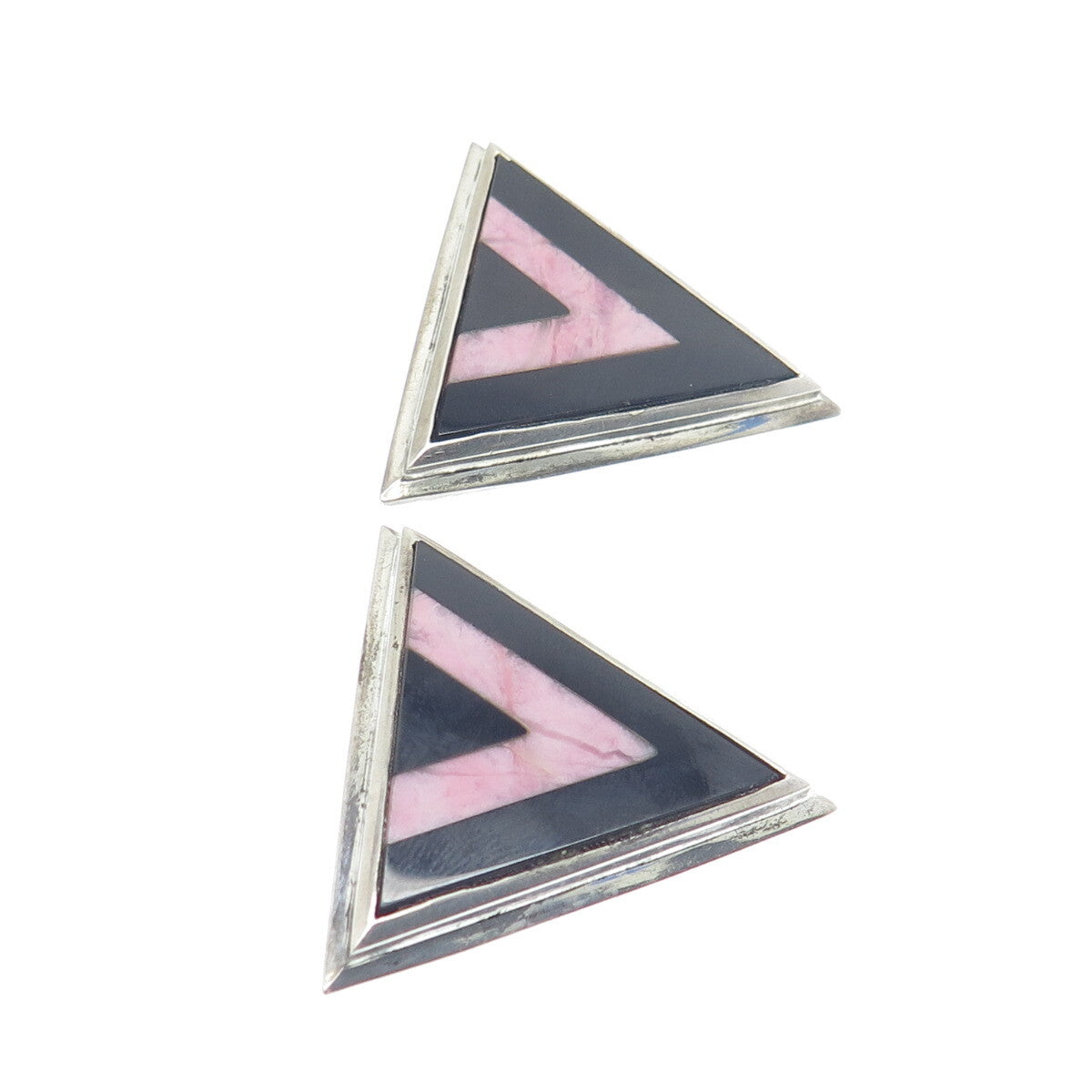 925 Sterling Silver Vintage Real Black Onyx Rhodonite Triangle Clip On Earrings