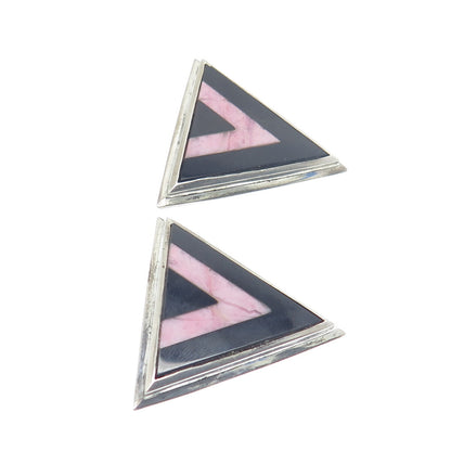 925 Sterling Silver Vintage Real Black Onyx Rhodonite Triangle Clip On Earrings
