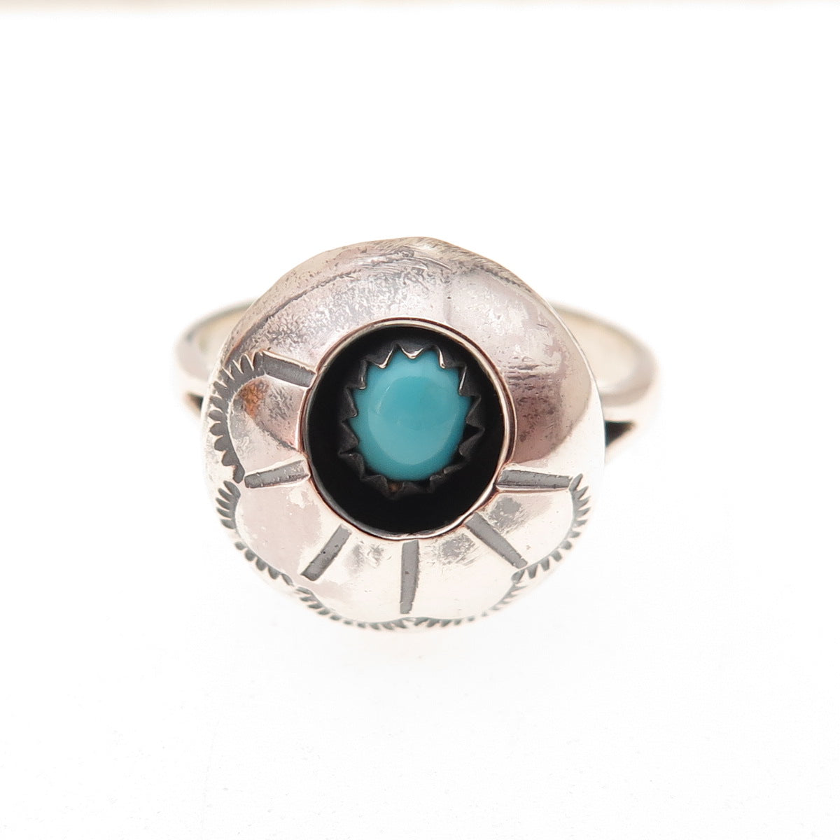 Old Pawn 925 Sterling Silver Vintage Turquoise Concho Shadow Box Ring Size 7.5