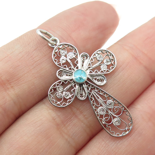 800 Silver Vintage Italy Real Turquoise Gem Inlay Filigree Cross Pendant