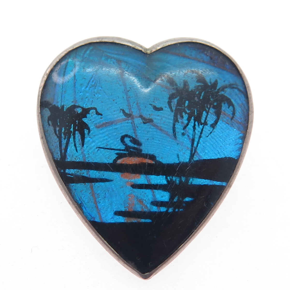 Silver-Tone Antique Art Deco Monarch Butterfly Wing Sunset Heart Pin Brooch