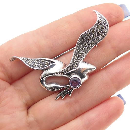 925 Sterling Silver Vintage Real Amethyst & Marcasite Swan Oxidized Pin Brooch