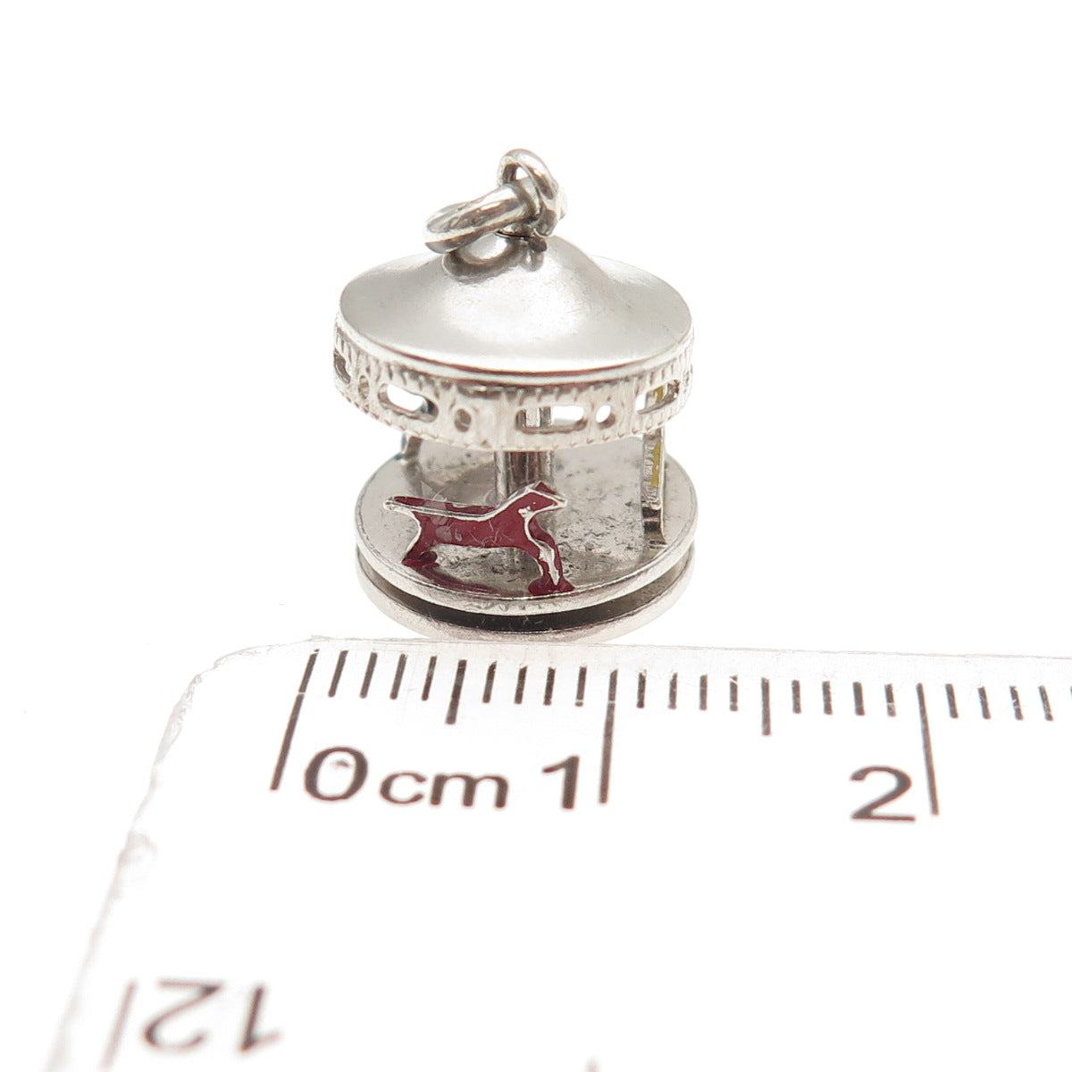 925 Sterling Silver Antique Art Deco Enamel Carousel Movable 3D Mini Pendant