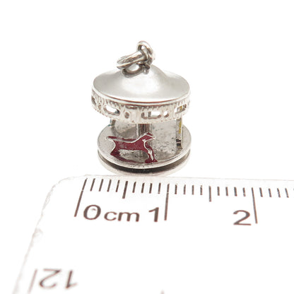 925 Sterling Silver Antique Art Deco Enamel Carousel Movable 3D Mini Pendant